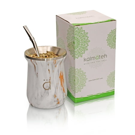 

Kalmateh NEW Yerba Mate Gourd- Modern 10 oz Mate Cup- Double Walled 18/8 Stainless Steel - Includes Bombilla and Cleaning Brush (Gold Marble)