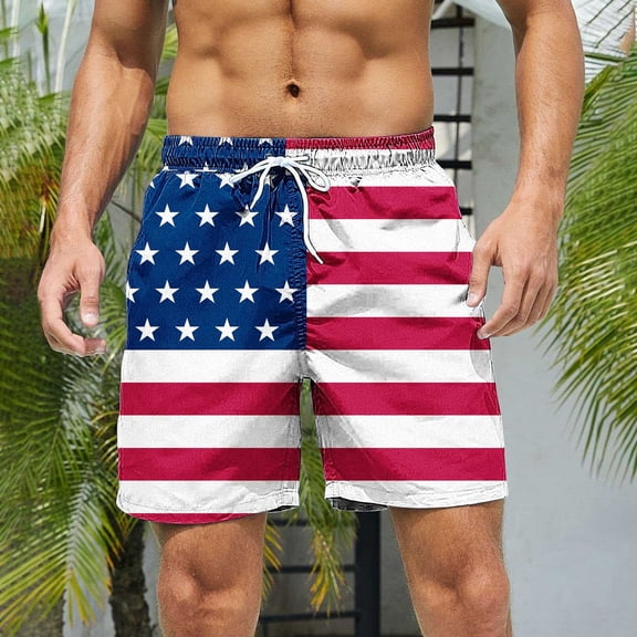 Vetsdori Mens Big and Tall Swimming Trunks Summer Board Shorts Swimwear 4th of July Casual Drawstring,Elastic Waist Swim Shorts for Men Independence Day Flag,L