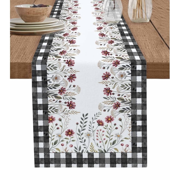Watercolor Flowers Table Runner 48 Inches, Fall Farmhouse Floral Herbs Lattice Bed Runner Dresser Scarves Tabletop for Indoor Outdoor Parties/Ceremony/Banquet, 13" x 48"
