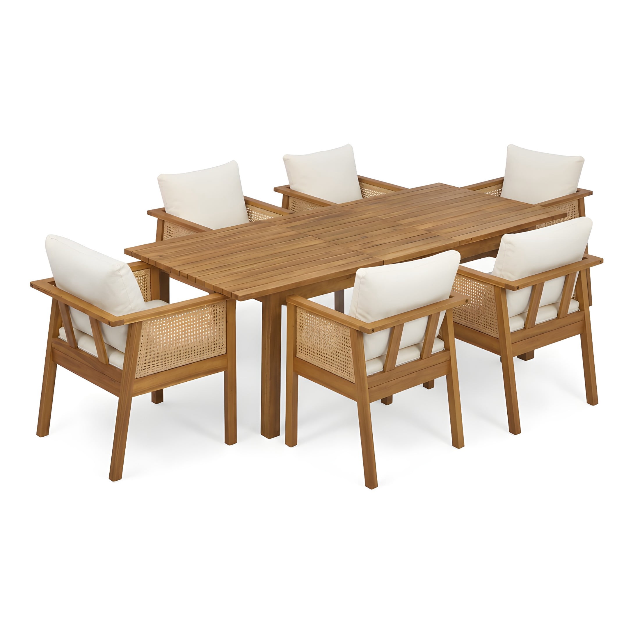 Christopher Knight Home 7-Piece Patio Expandable Dining Set, Wood Table and Wicker Chairs with Cushions, Teak