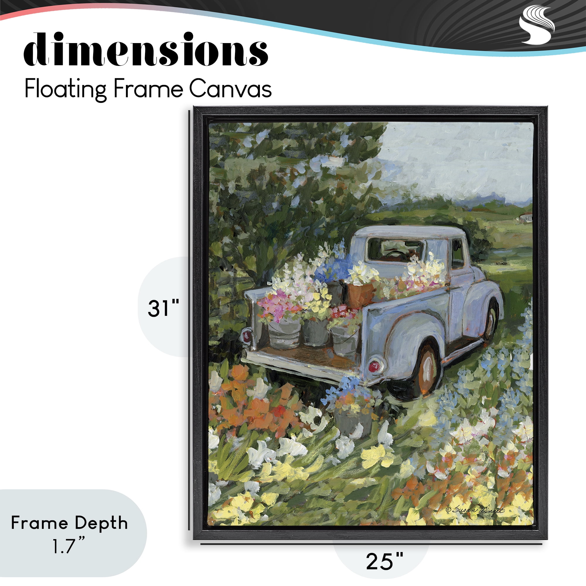 Stupell Industries Truckin' Field with Flowers Black Framed Floater Canvas Wall Art, design by Susan Winget