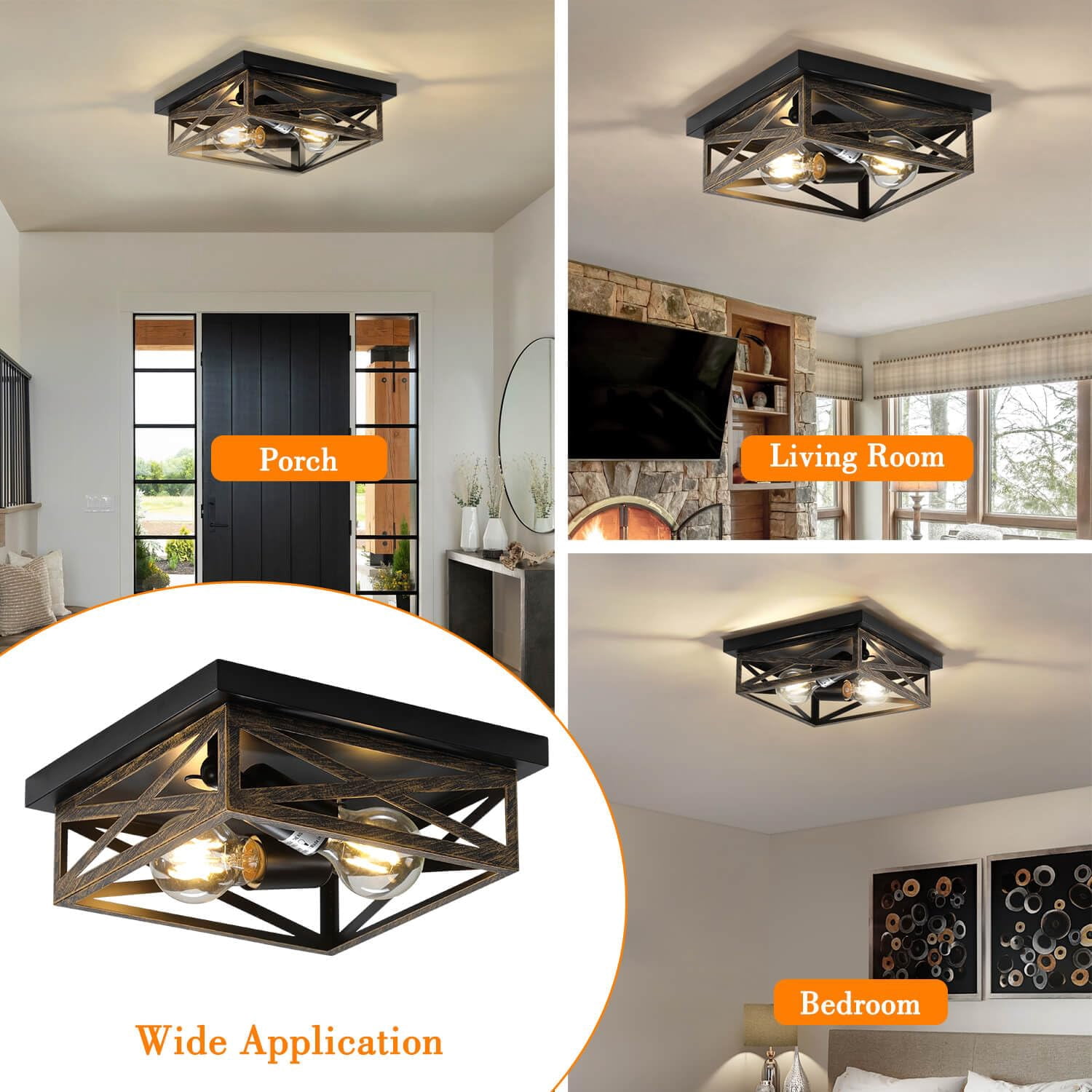 2Pack Rustic Flush Mount Ceiling Light Fixture, Modern Farmhouse Light Fixture, Kitchen Hallway Light Fixtures for Bedroom,Dining Room Entryway,Industrial Metal Cage Ceiling Light