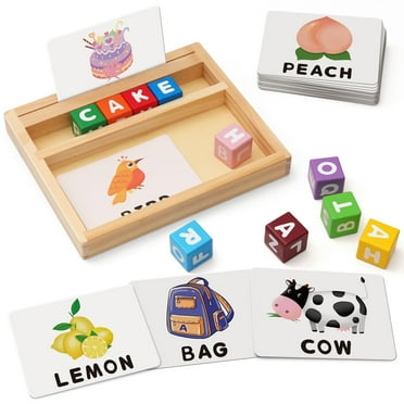 Coogam Wooden Blocks Spelling Game Alphabet Letters Flash Cards ABC Cubes Sight Words Learning Toys for 3 Years Old