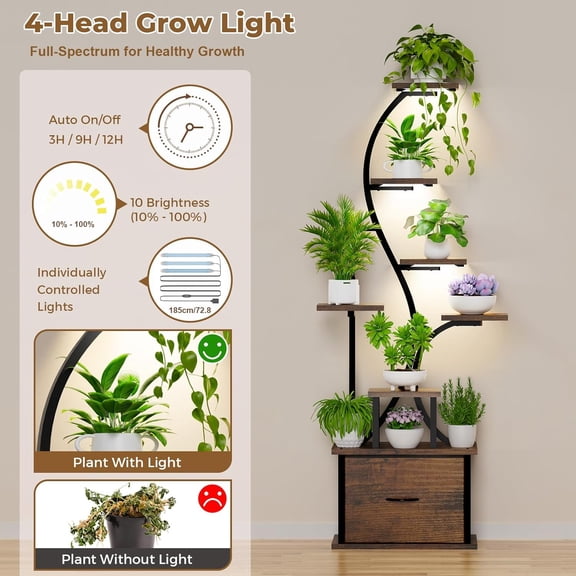 Plant Stand Indoor with Grow Lights - 8 Tiered Lighted Plant Shelf Indoor with Drawer, 65" Large Plant Stand for Indoor Plants Multiple, Metal Tall Plant Flower Holder for Home, Living Room,