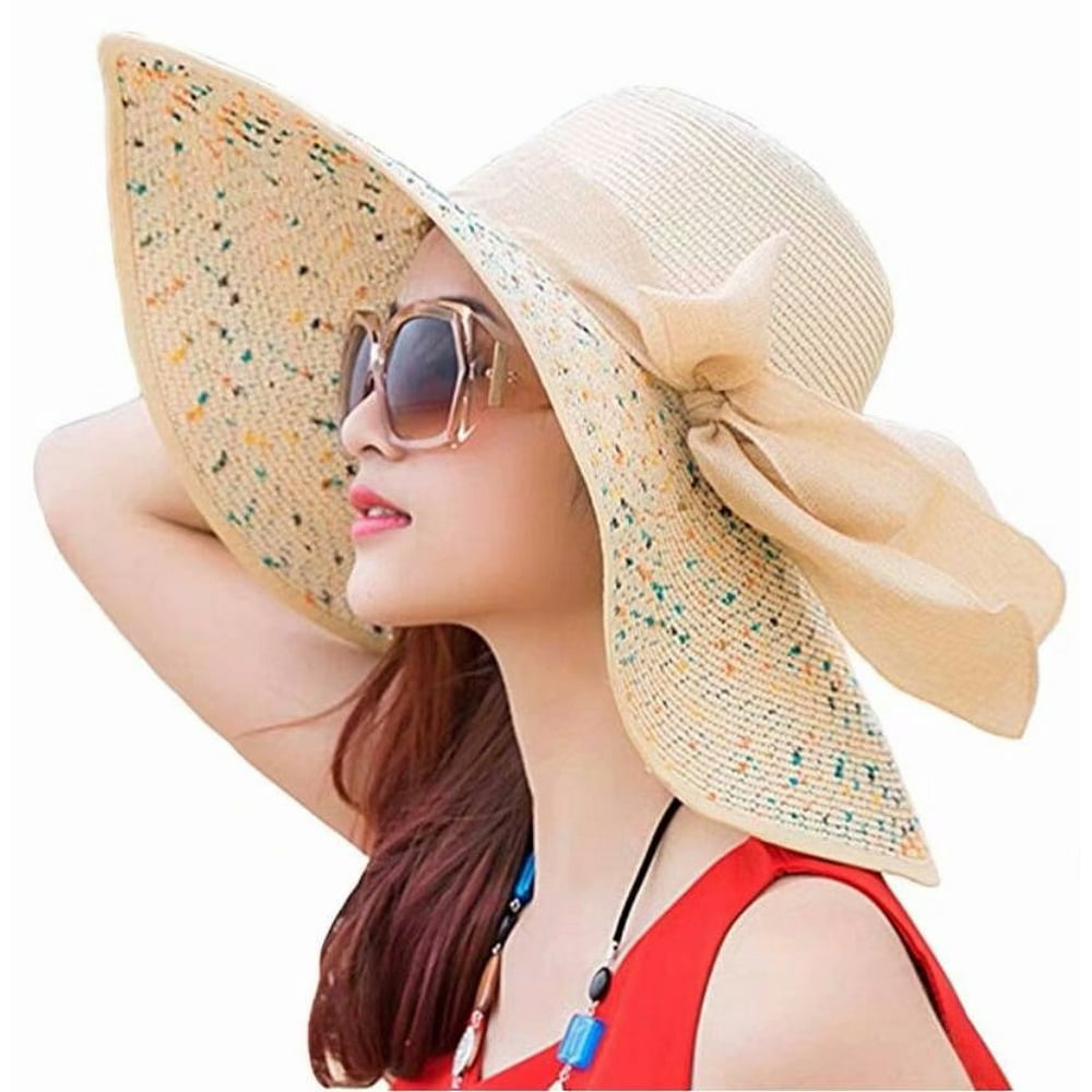 Home Cal Women Foldable Straw Hat Bowknot Decor Beach Seaside Vacation