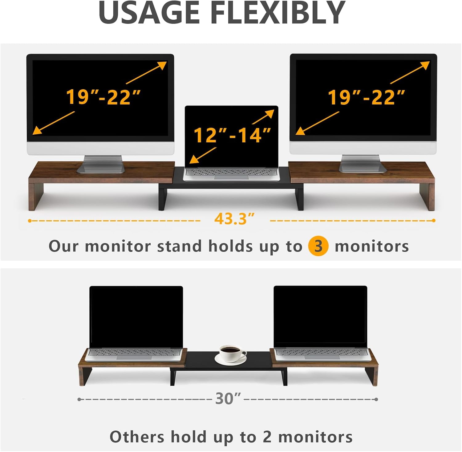 Dual Monitor Stand Riser, Computer Monitor Stands for 2 Monitors, Extra Long Multifunctional Wooden Desktop Organizer Riser for Computer, Laptop, PC, Printer, TV, Max 43.3" Length