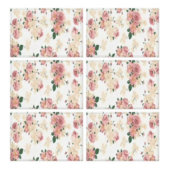 Pioneer Flower Floral Print Pattern Summer Placemats Table Placemats Set Of 6-Linen Kitchen Washable Placemats Table Mats 12x18 Inch Non-Slip Heat Resistant