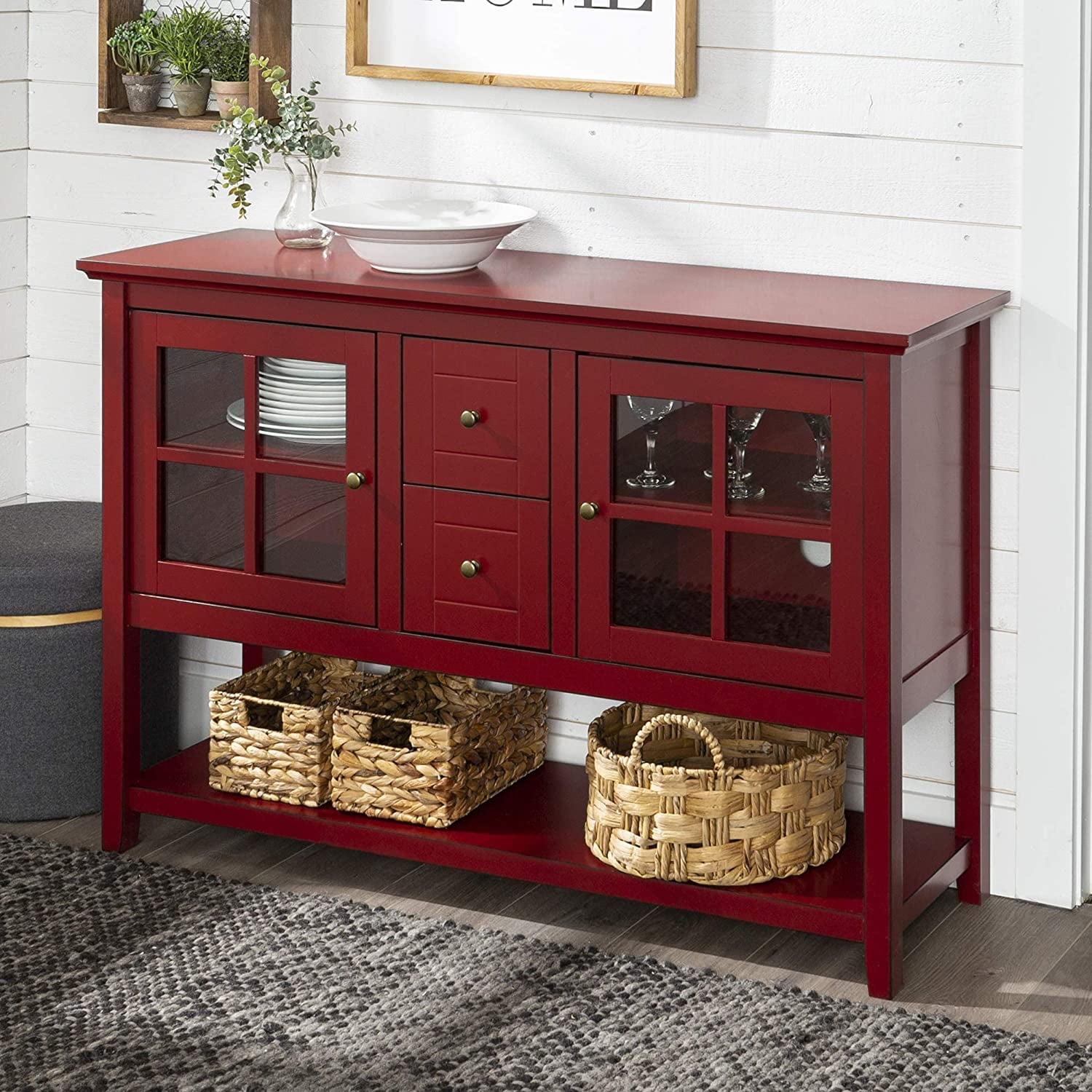 Rustic Farmhouse Wood Buffet Storage Cabinet Living Room 52 Inch Red Walmart Com Walmart Com