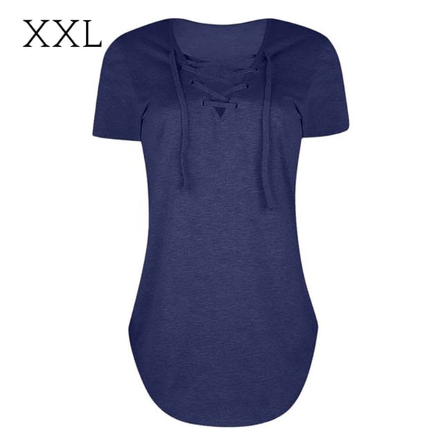 Camiseta de mujer con cuello en V y cordones, manga corta, blusa suelta causal, azul, XXL Methold AP001631-15