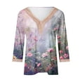 thumbnail image 4 of MIUOWANP Oversize Women's Aesthetic Long Sleeve Tops Floral Print Lace V-Neck Pullover, Loose Breathable 3/4 Sleeve Raglan Size S(4)Pink, 4 of 5