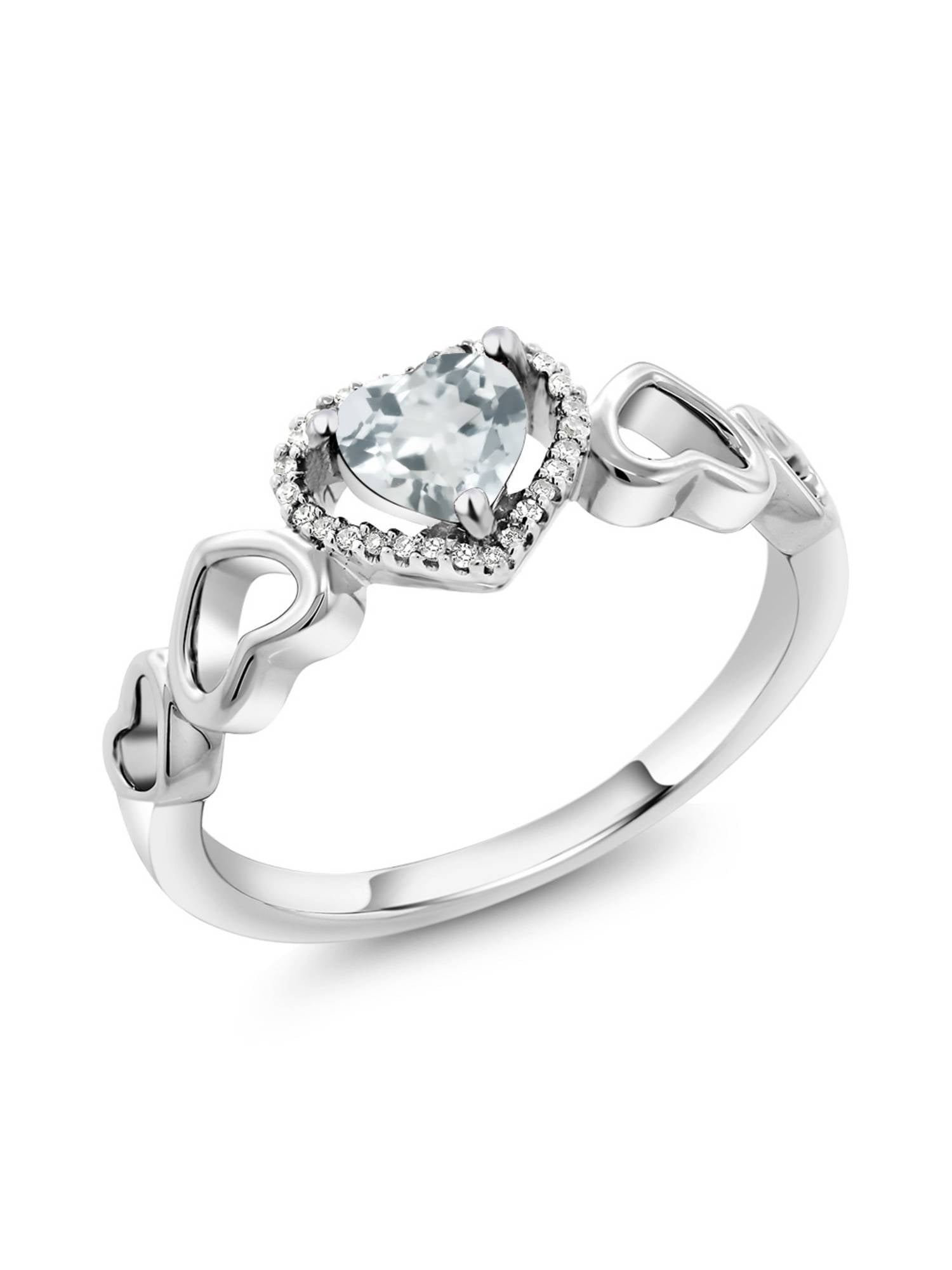 10K White Gold 0.58 Ct Heart Shape Sky Blue Aquamarine with Diamond Accent Ring by