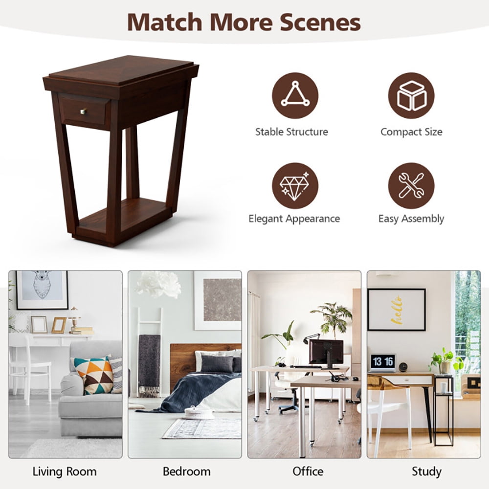 Finihen End Table, 2-Tier Rubber Wood Classic End Table with Drawer and Shelf, Sofa Side Table, Bed Side Table, for Living Room, Bedroom, Dark Brown Finihen End Table, 2-Tier Rubber Wood Classic End Table with Drawer and Shelf, Sofa Side Table, Bed Side Table, for Living Room, Bedroom, Dark Brown