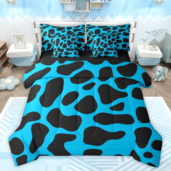 jejeloiu Chic Cheetah Print 7-Piece Twin Bedding Sets,Modern Minimalist Desgin Bedding Comforter Set,Black Blue Sheet Sets For Men Women,Breathable Home Decor Reversible