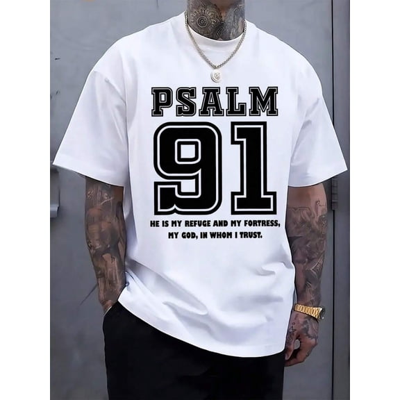 Men's Psalm 91 Christian T Shirt, Faith Inspirational Bible Verse Graphic Tee, Religious Short Sleeve Cotton Shirt