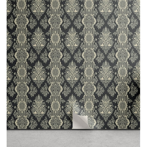 Ambesonne Damask Peel & Stick Wallpaper for Home, Victorian Baroque Style, 13"x72", Charcoal Grey Cream