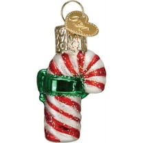 Old World Christmas Mini Candy Cane - One Glass Ornament 1.75 Inch, Glass - Green Bow Striped 87002