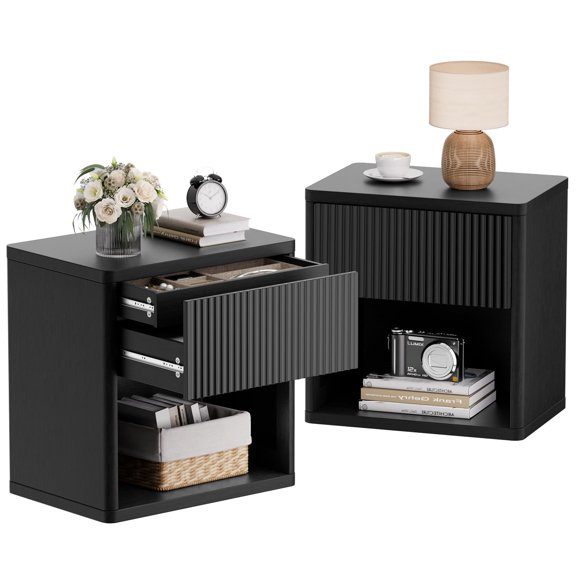 Brafab Mid Century Modern Nightstand Set of 2 with Hidden Drawers and Open Shelves, 22.8" W