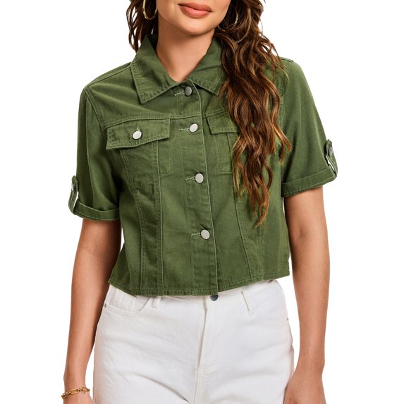 INSPIRE CHIC Women's Denim Casual Turndown Collar Short Sleeve Button Crop Jean Jacket XL Army Green