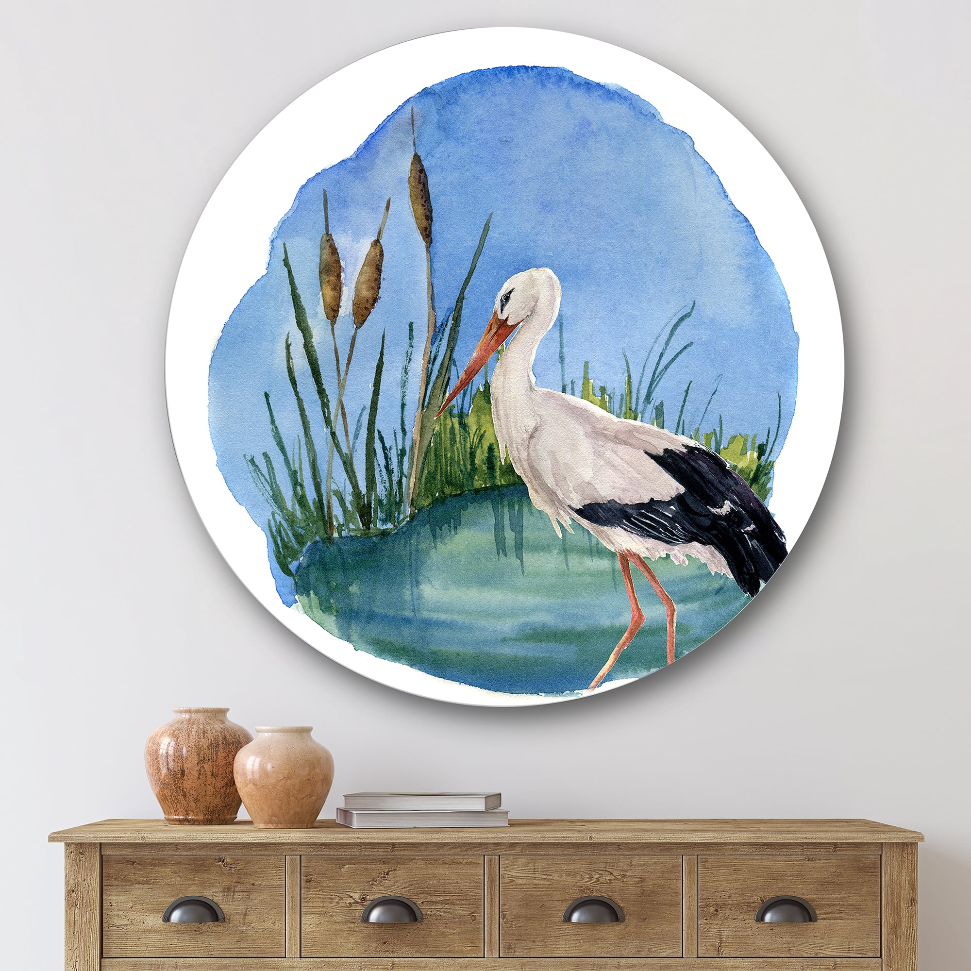 Designart 'White Stork On The Swamp Blue' Traditional Circle Metal Wall Art 36x36 - Disc of 36