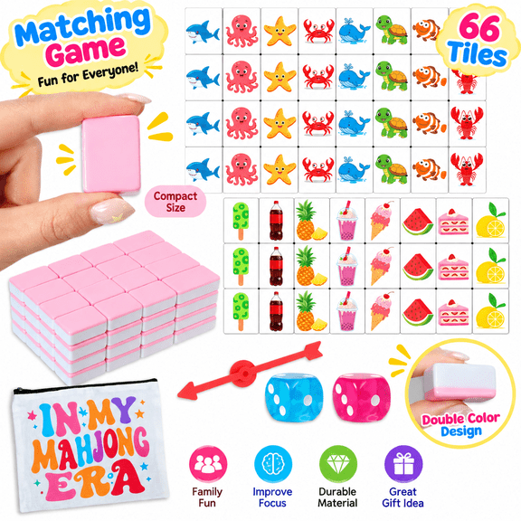 66PCS Mahjong Blocks Matching Game Set, Animal Fruit Pattern Tiles with Storage Bag, Portable Family Board Game for Party Travel Activities, Fun Tabletop Game