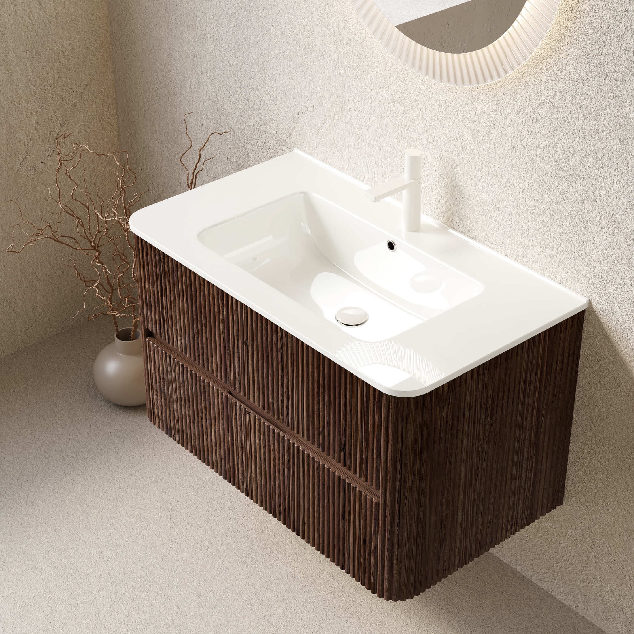 Noble House Noor 36" Floating Bathroom Vanity with Seamless Ceramic Basin, Retro Soft-Close Drawers, Walnut