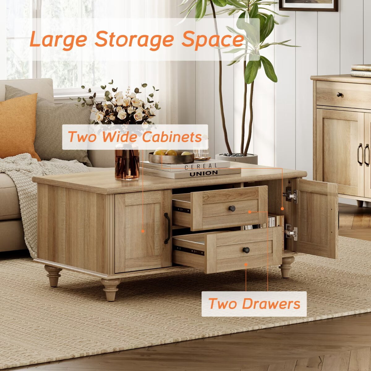 Farmhouse Coffee Table with Cabinet, Rustic Center Table with Hidden Storage Compartment for Living Room, Office, Natural Oak