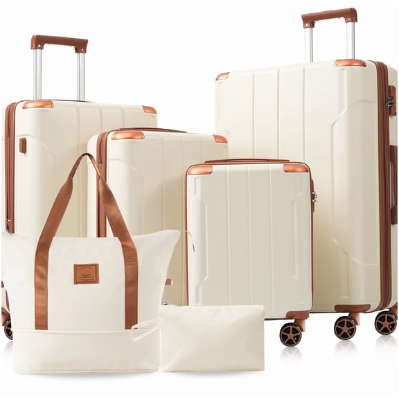 TSA Lock Hard Shell Suitcase Set 6-Piece, Lightweight Expandable ABS Luggage with 4 Wheels, Brown and White Travel Bag Collection
