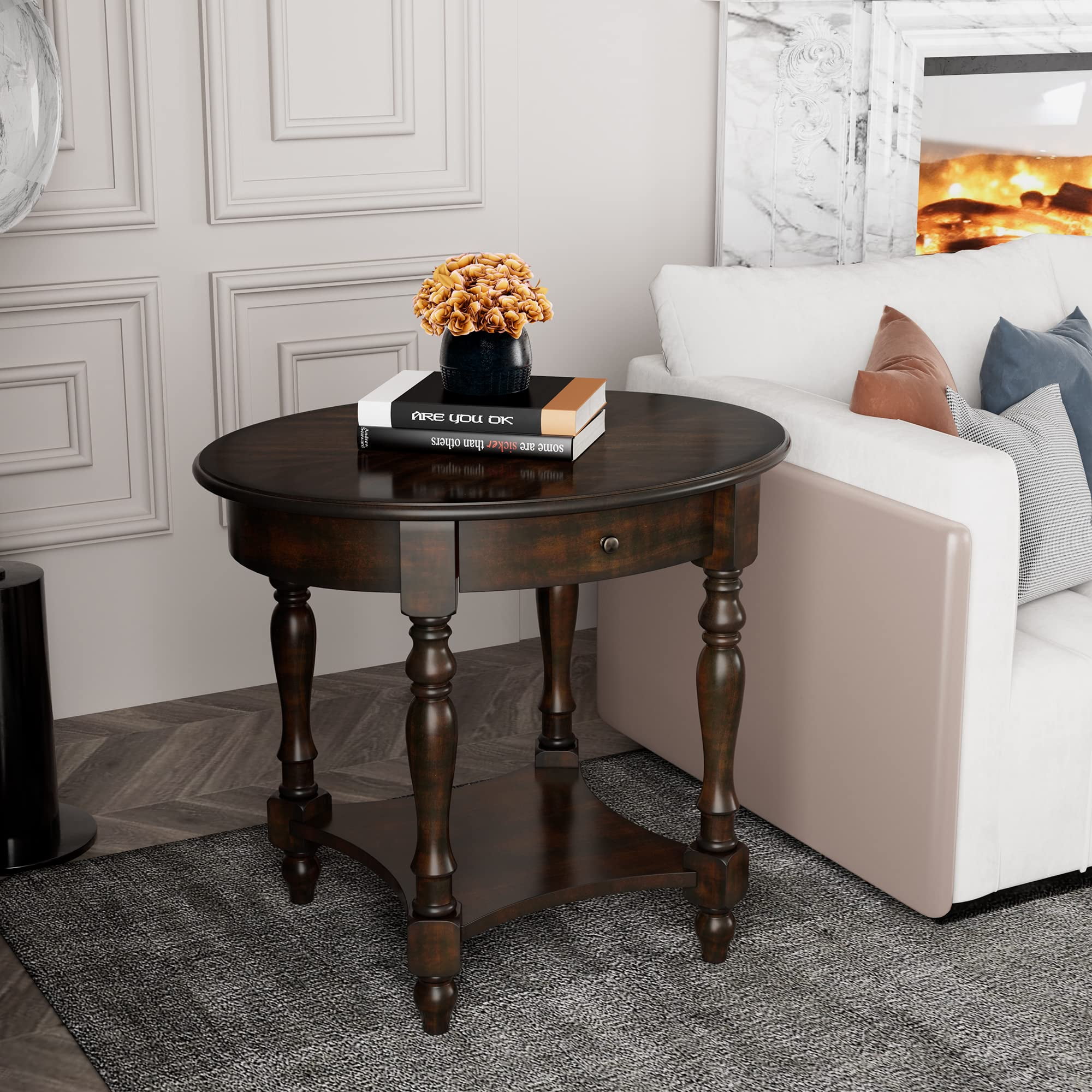 JESONVID Solid Wood Oval End Table with Drawer and Storage Shelf, 28" Traditional Retro Side Table Polished Edging Sofa Table Bedside Nightstand for Living Room Bedroom Home, Vintage Walnut