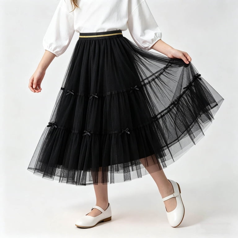 Khunlpohl Girls Maxi Skirt Elastic Waisted Ruffled Pleated Bow Trim Skirts Summer Trendy Casual Cute Dress 3-13 Years