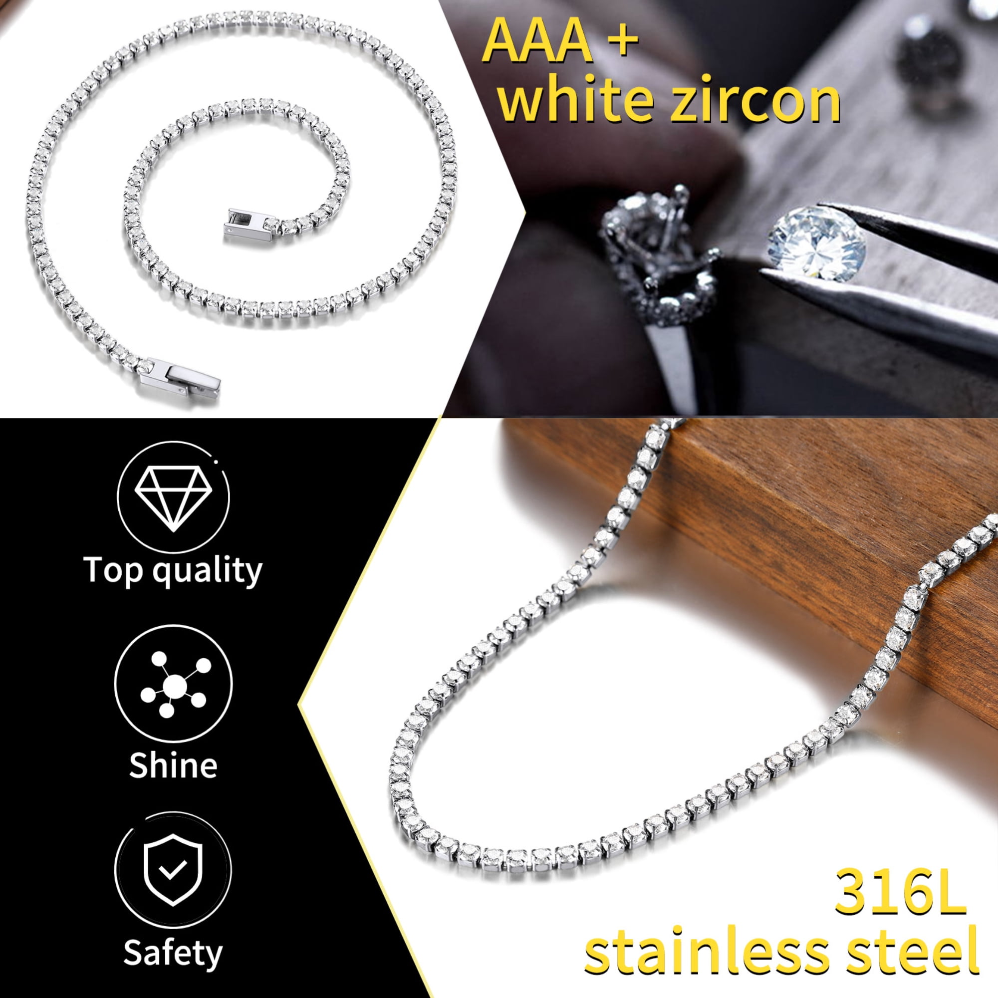 ChainsHouse 5mm White Round Cut Cubic Zirconia Tennis Necklace for Women, 16"