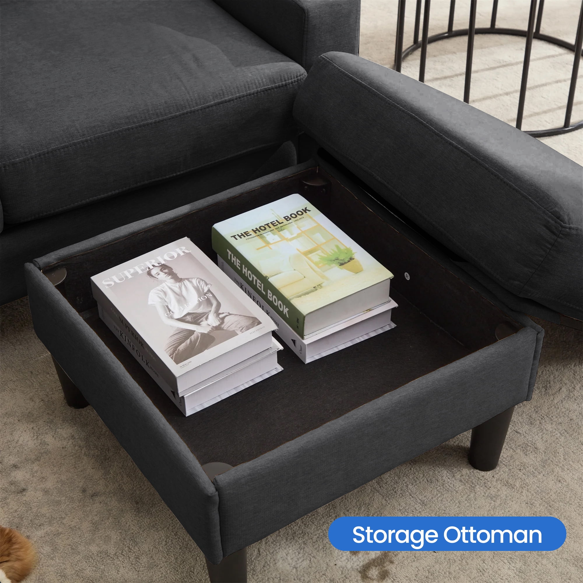 Aukfa 78" Sectional Sofa with USB Port, Storage Ottoman, Armrest w/ Hidden Storage, Linen, Dark Gray