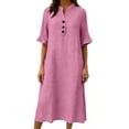 thumbnail image 5 of SAWOBUUN Womens Washed Cotton Blend Midi Dress Button V Neck Half Sleeve Casual Loose Summer Dress with Pockets, 5 of 6