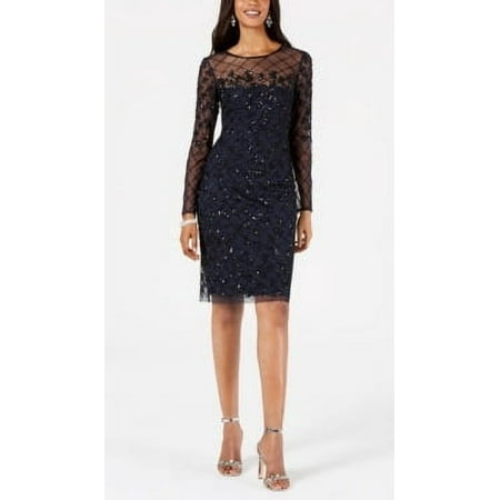 Adrianna Papell Women's Illusion Embellished Dress Blue Size 14 Petite