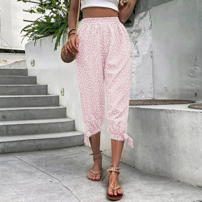 Formal Pants for Women Womens Flower Prinnted Linen Capri Pants Elastic  Waist Summer Cropped Trousers With Pockets Summer Women