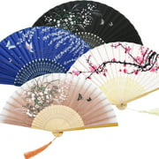Handheld Floral Folding Fans Cherry Blossom Pattern Hand Held Fans Silk Bamboo Fans with Tassel Women's Hollowed Bamboo Hand Holding Fans for Women and Men (4 Pieces)