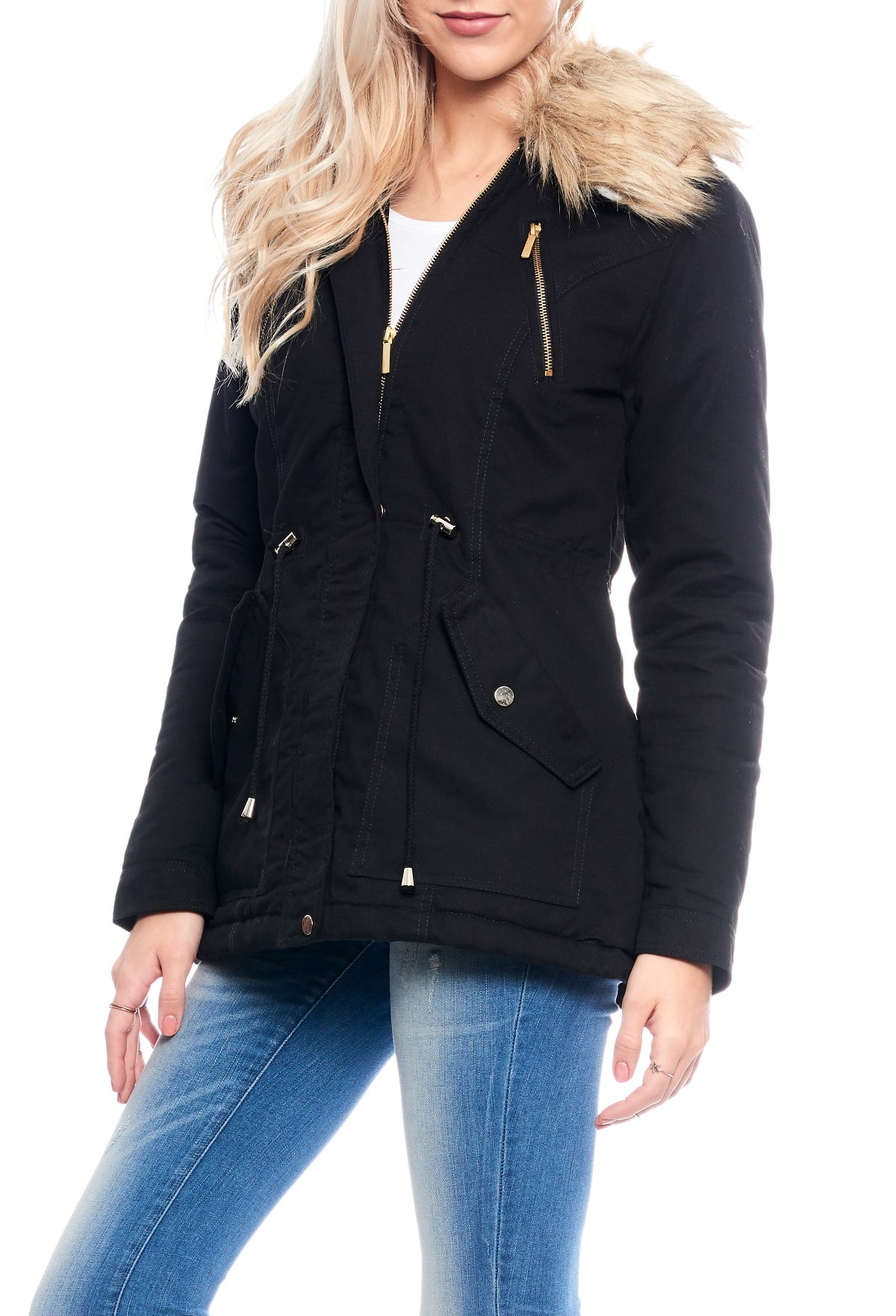 Lady's Double-Closure Parka Jacket Detachable Fur Collar - Walmart.com