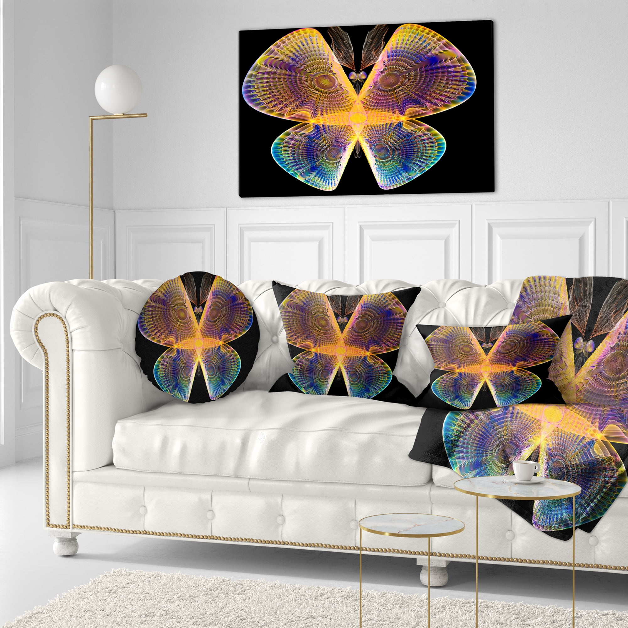 Designart Blue Yellow Fractal Butterfly in Dark - Abstract Throw Pillow - 12x20