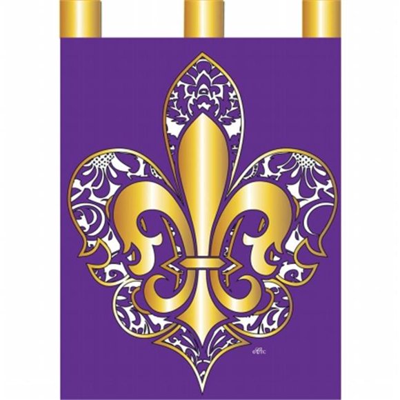 Fleur de Lis Drapeau Damassé, Violet & Or - Grand