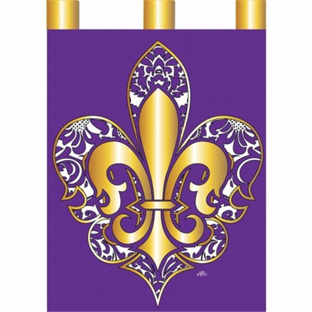 Fleur de Lis Drapeau Damassé, Violet & Or - Grand