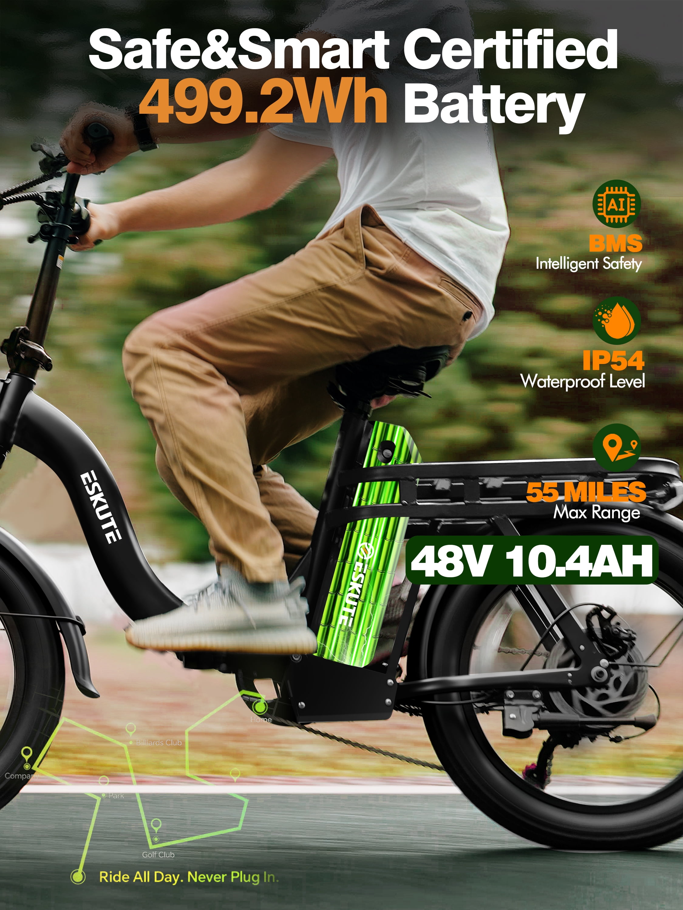 Adult Electric Bike – 1200W Peak Motor, 28 MPH, Foldable 20×3" Fat Tire, 48V 10.4Ah Battery Up to 55 Miles, 7-Speed Step-Through Cargo E-Bike with NFC Unlock, Black with Front Basket