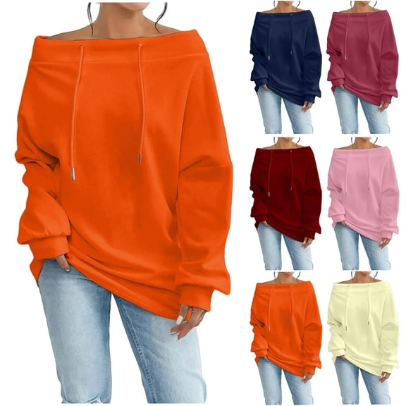 Qzwdhjm Off Shoulder Sweatshirts for Women Drawstring Long Sleeve Sweatshirt Soft Loose Casual Fall Pullover Tops