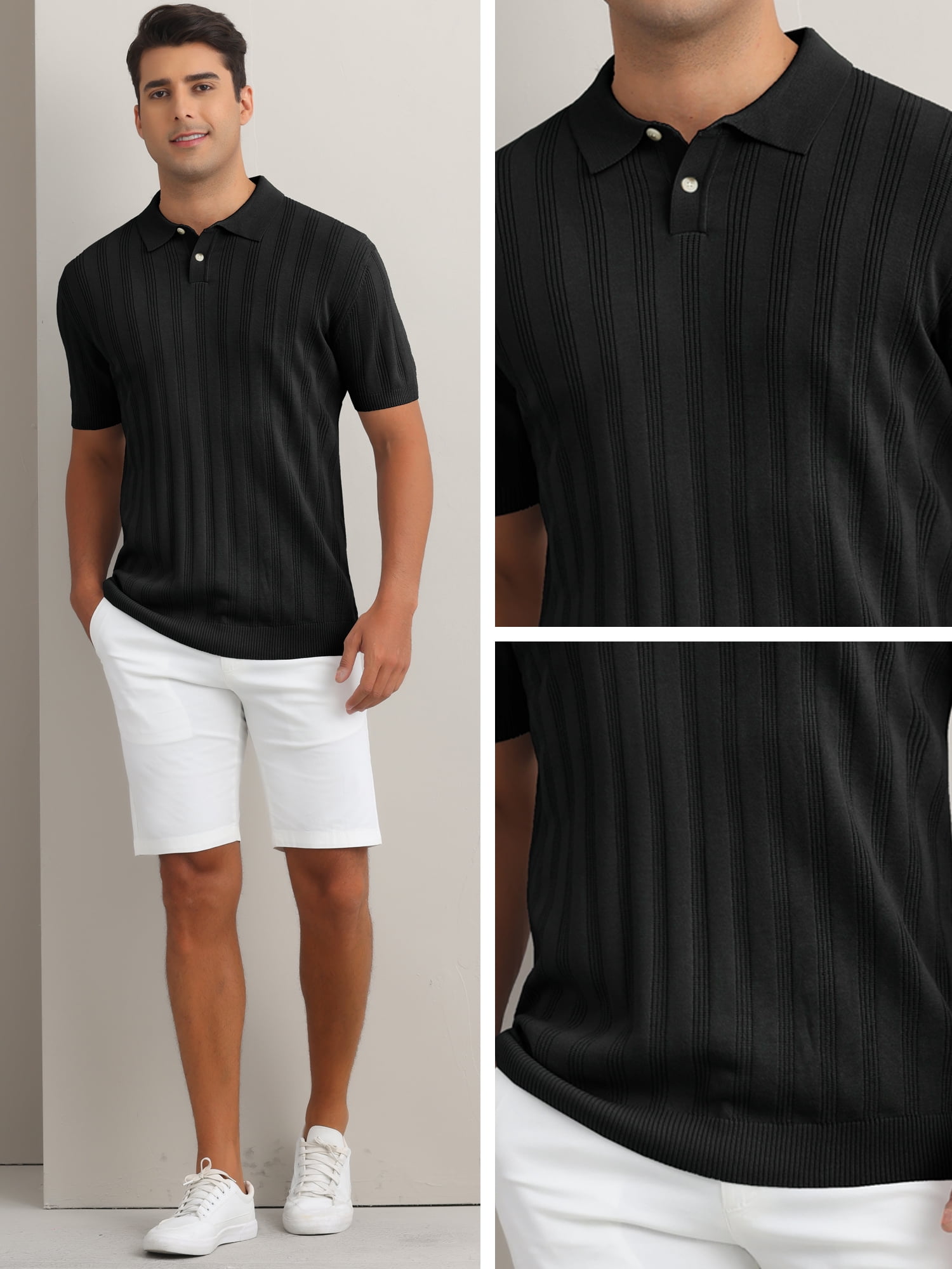 DARING DIVA Men's Short Sleeve Button Regular Fit Knit Texture Collared Polo Shirt M Black