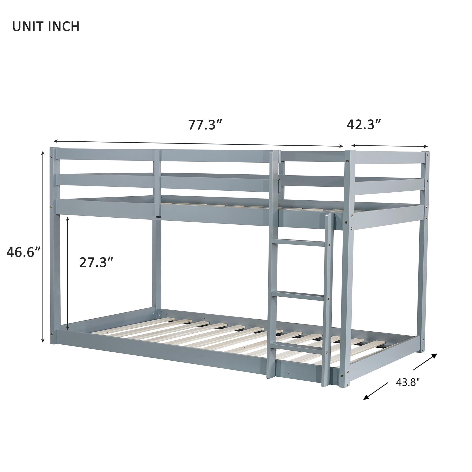 Alvantor Wooden Bunk Bed Twin over Twin Floor Bunk Bed with Safety Rail, Ladder for Children Boys Girls Gray
