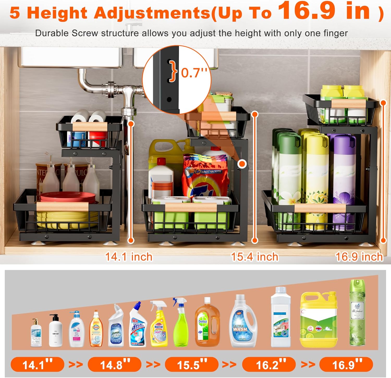 Under Sink Organizer, 2 Packs 2 Tier Under Sink Organizers and Storage, Slide Out Pull Out Cabinet Organizer Shelf, Metal Sliding Drawer for Kitchen Bathroom Pantry Cabinet Closet Organization Rack