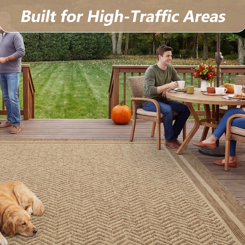 SIXHOME Outdoor Rugs 5'x7', Farmhouse Bordered Patio Rug, Indoor Outdoor Polypropylene Weave Textured Carpet, Water-Resistant, Quick-Dry Rug for Porch, Balcony, RV, Garden, Neutral Brown