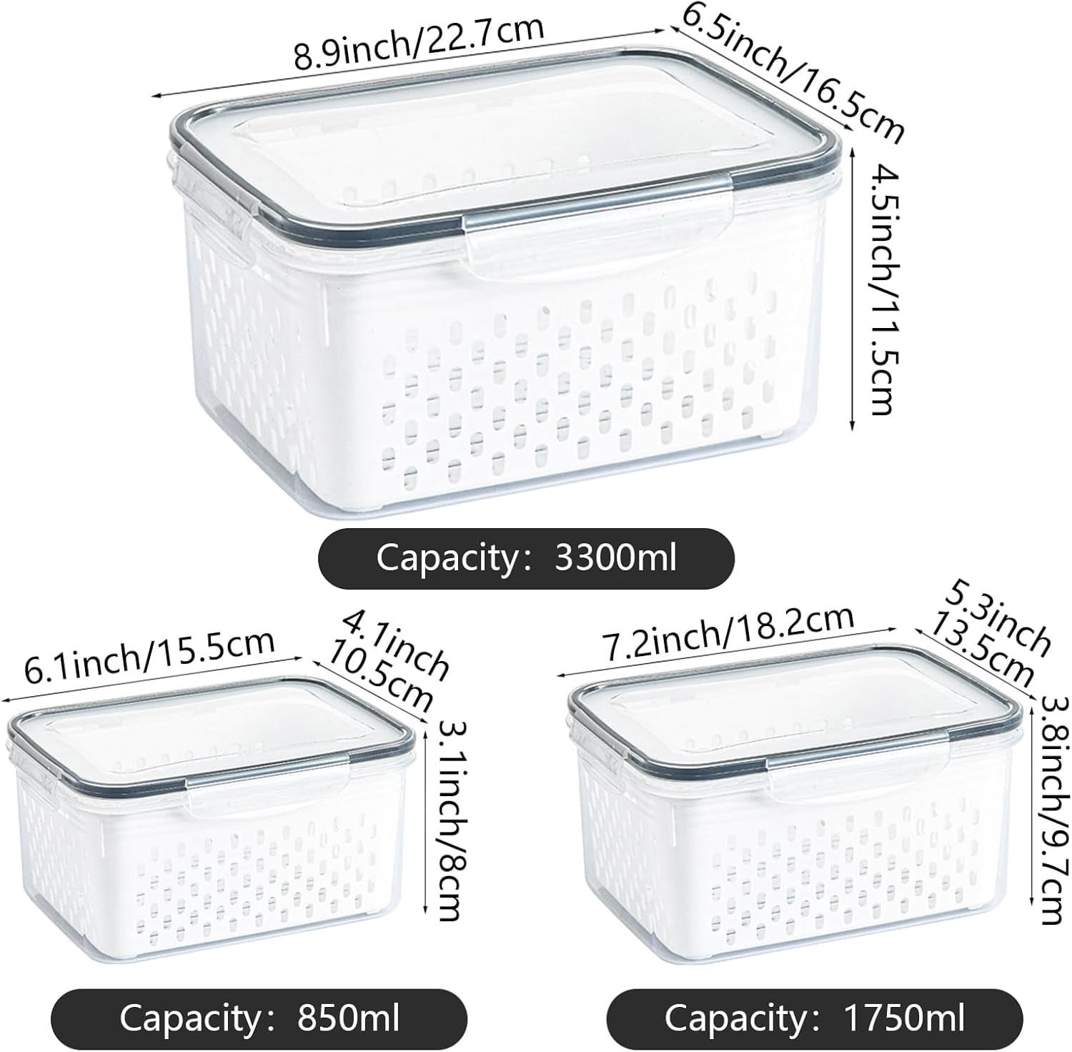 3 Pack Fruit Storage Containers for Fridge with Removable Colanders - Food Storage Containers with Lids, BPA-Free Produce Containers Keep Fruits, Vegetables, Berry, Meat Fresh Longer