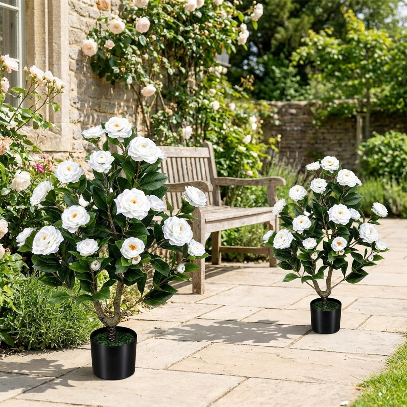 Vebreda Artificial Plant Decor, Artificial Camellia Tree Faux Flower Plant in Cement-Filled Pot, Lifelike & Elegant Design, Selected PE Materials