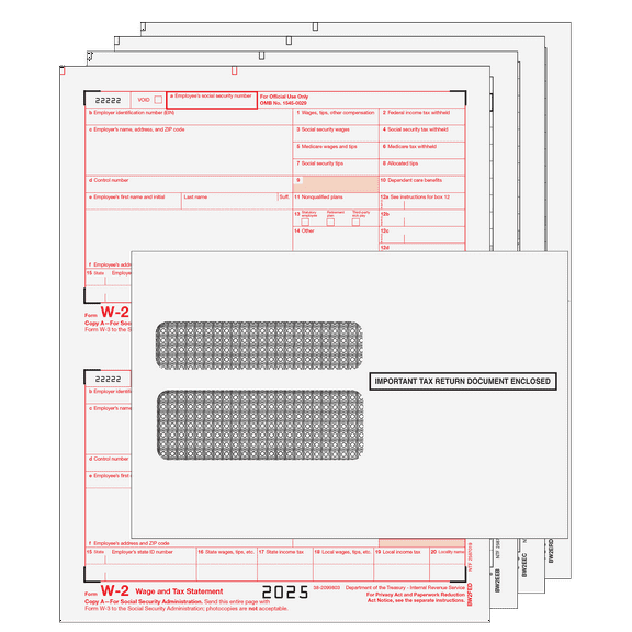 2025 W-2 Tax Pack, 4-part Laser Forms for 10 Employees with Envelopes and W-3 Transmittal