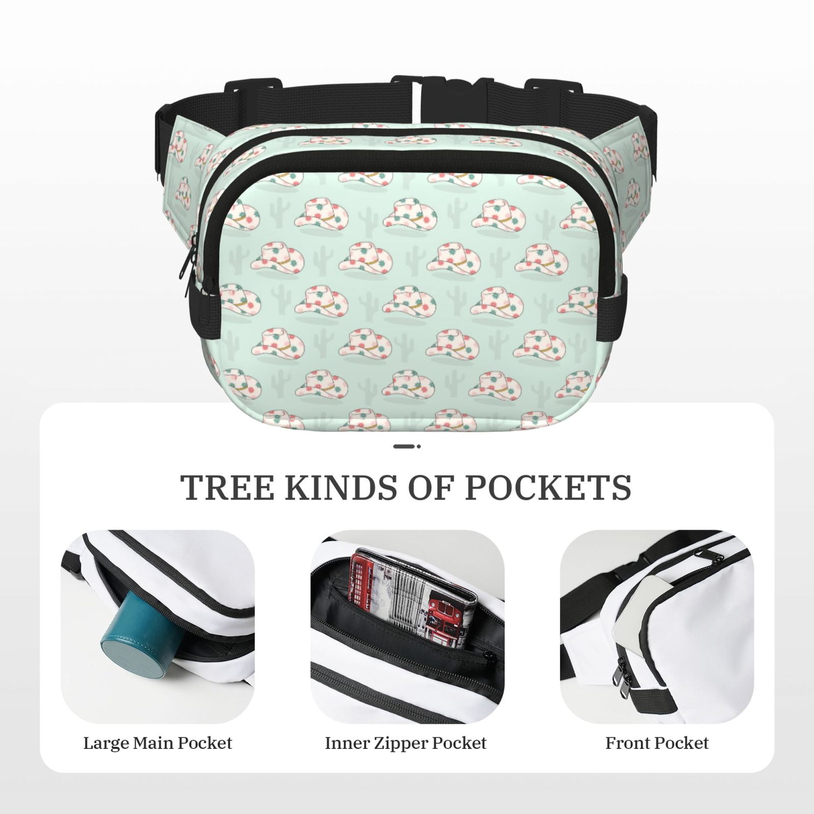 Picia Flora Daisy Cactus Print Square Double-Layer Waist Bag Mini Adjustable Waist Belt Bag Exercise Running Travel Hiking