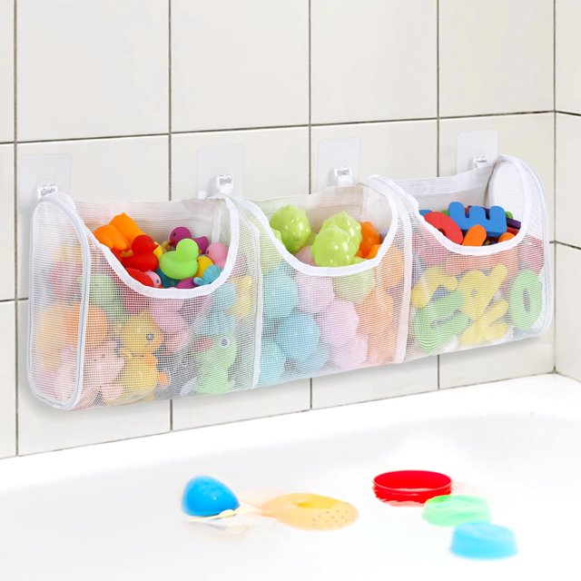 Bath Toy Storage Holder, 3 Compartment Large Openings Bath Toy Organizer, Large Capacity Bath Tub Toy Holder, Kids Bathtub Toy Storage For Accessing & Sorting Toys (White, Regular)